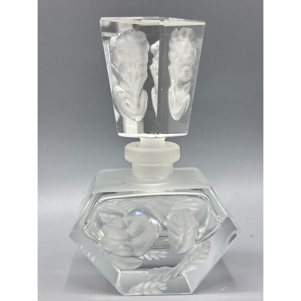 Vintage Glass Perfume Bottle Frosted Floral Intaglio Hexagon Glass Stopper 4" - Picture 1 of 10